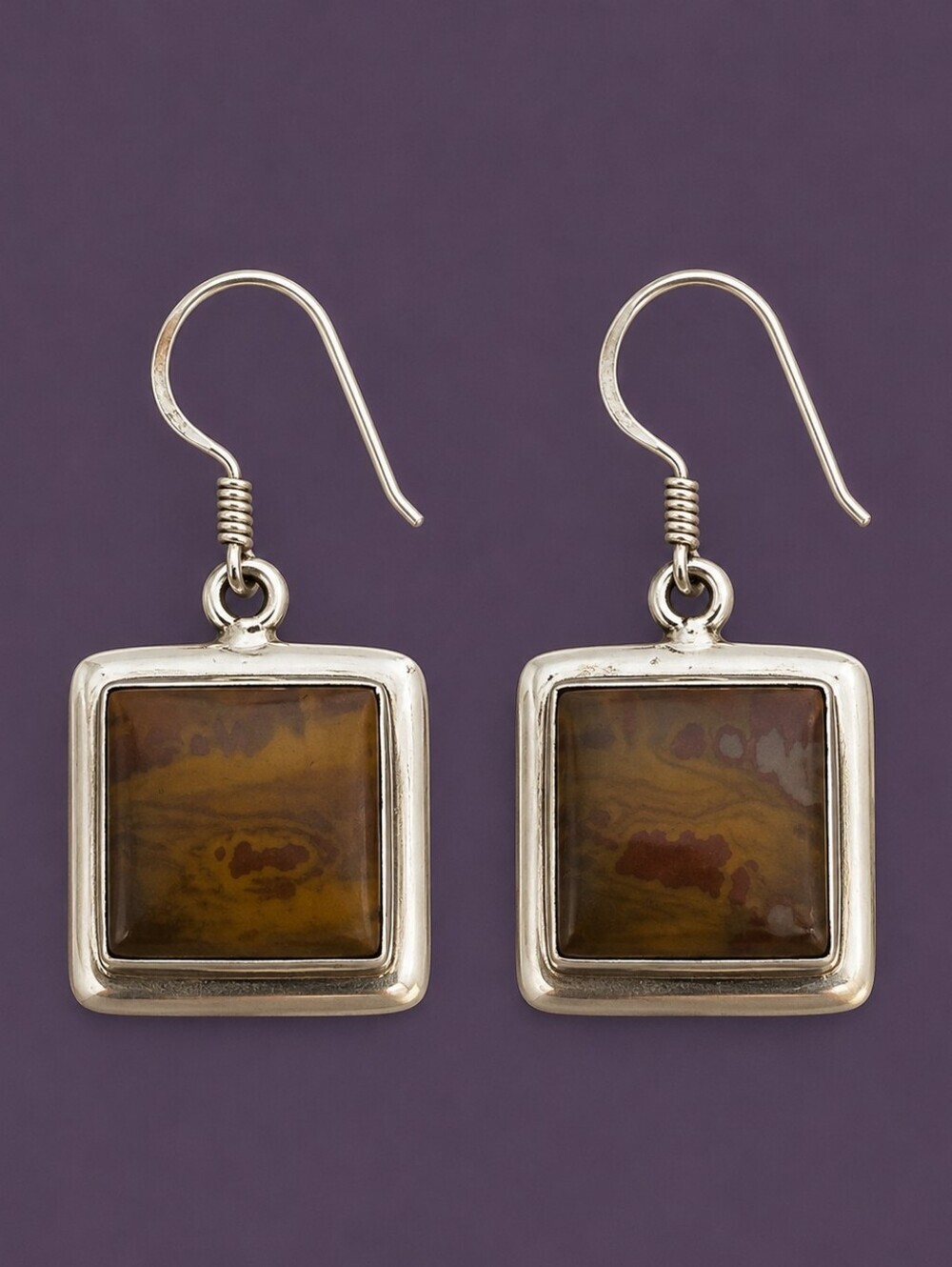 Sterling Silver Square Jasper Dangle Hook Earrings